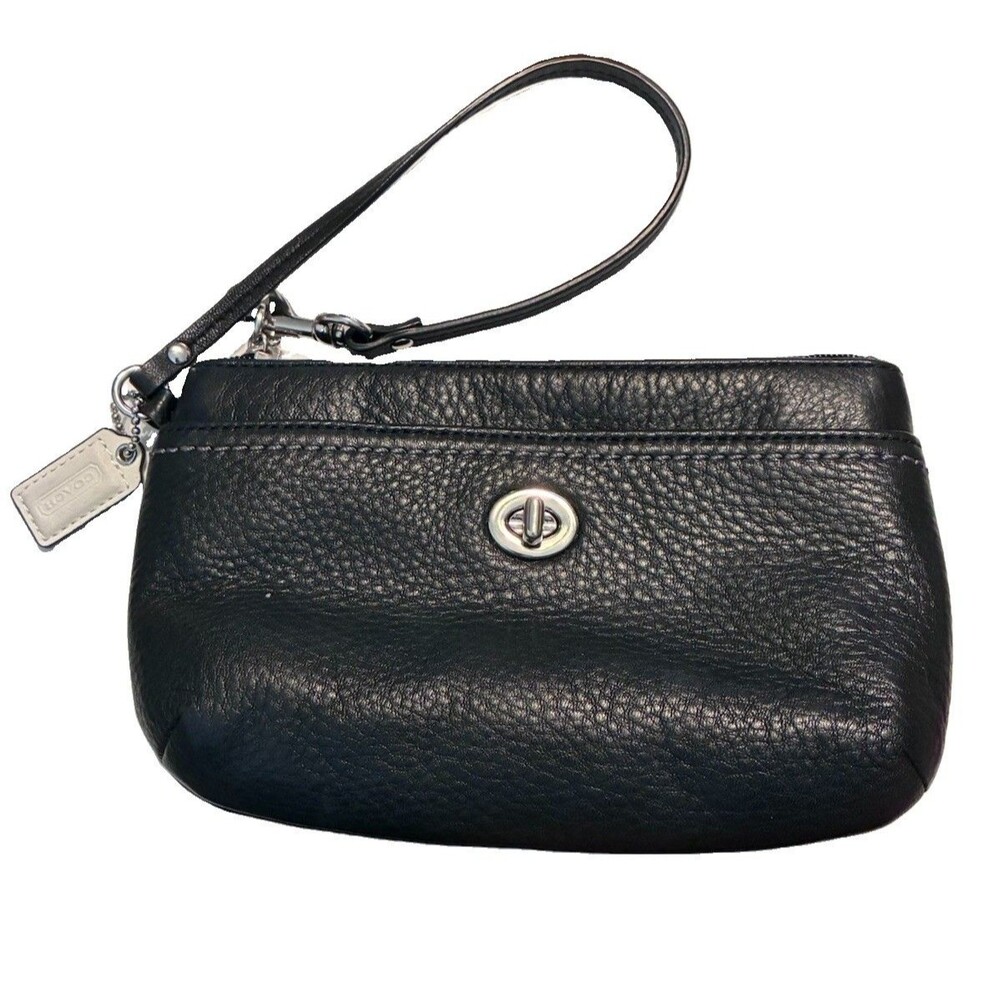 COACH PARK Black Pebble Leather Turn Lock Medium Wristlet Clutch